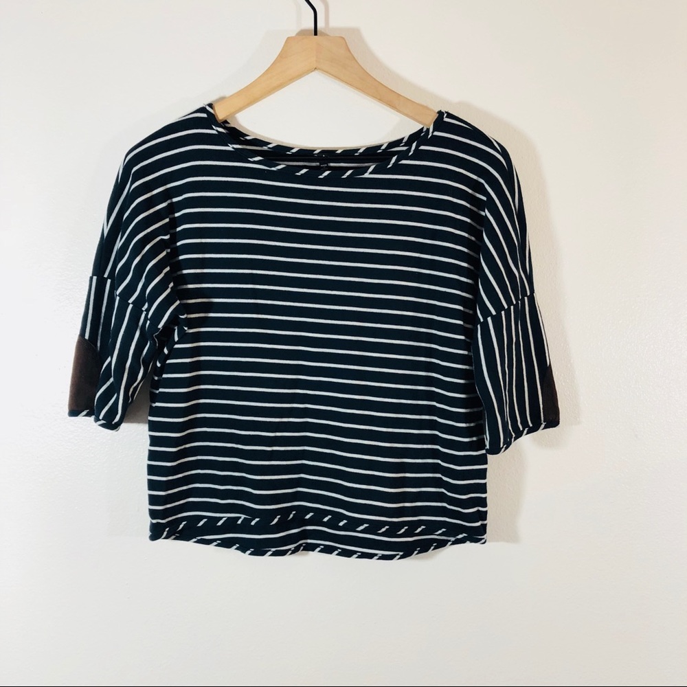 Monteau faux suede patch crop striped top